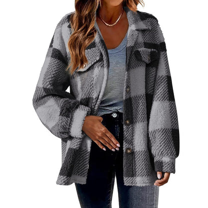 Plaid Woolen Jacket with Pockets for Women