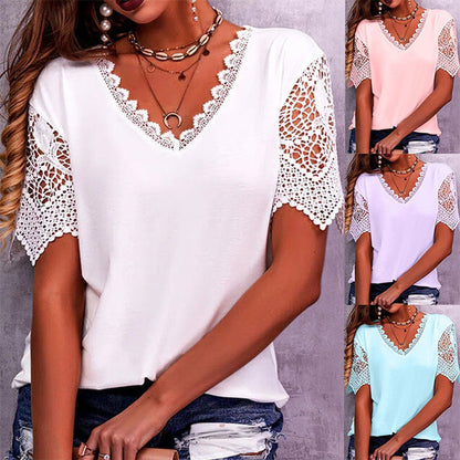 Lace Tops Women Summer Loose V Neck Short