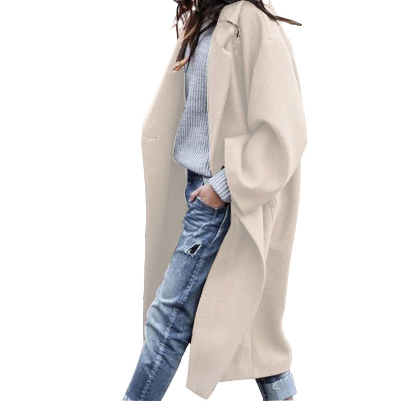 Casual Long Woolen Coat with Pockets for Women