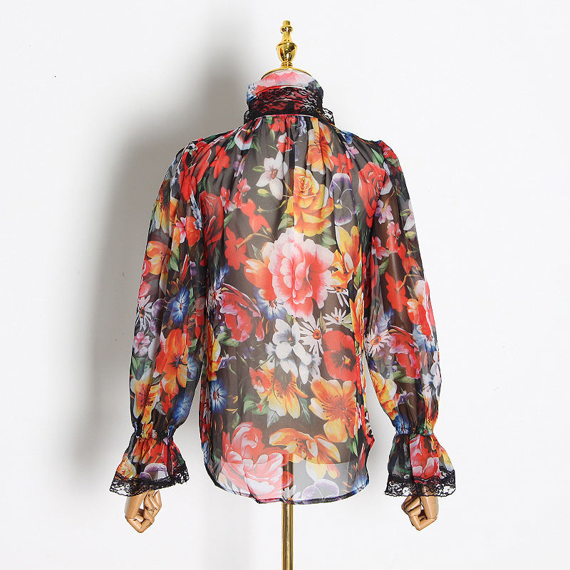 Vintage Floral print Chiffon Shirts Blouse Women