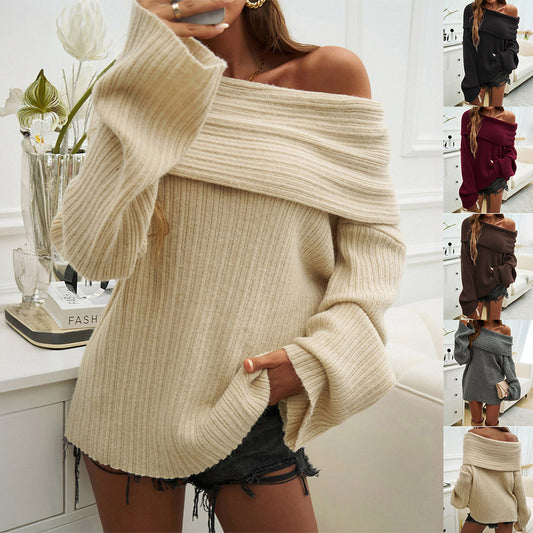 New Off-shoulder Knitted Sweater Fashion Loose Solid Pullover Longn