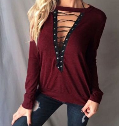 Large Size T Shirt Women Lace up Tops Bandage