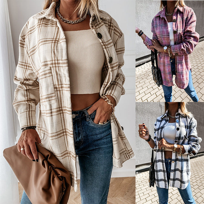 Retro plaid long-sleeved shirt jacket women