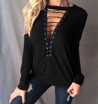 Large Size T Shirt Women Lace up Tops Bandage