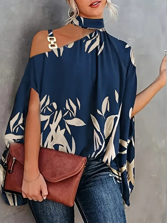 Leaves Print One Shoulder Blouse