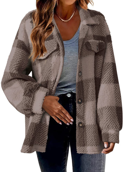 Plaid Woolen Jacket with Pockets for Women