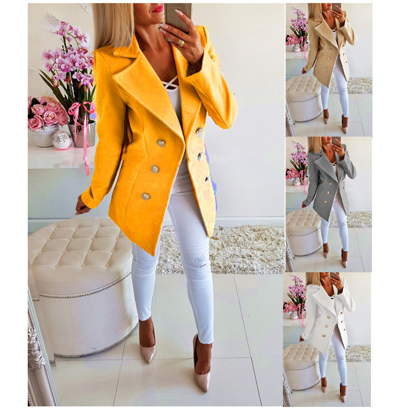 Double Breasted Lapel Solid Jacket For Women