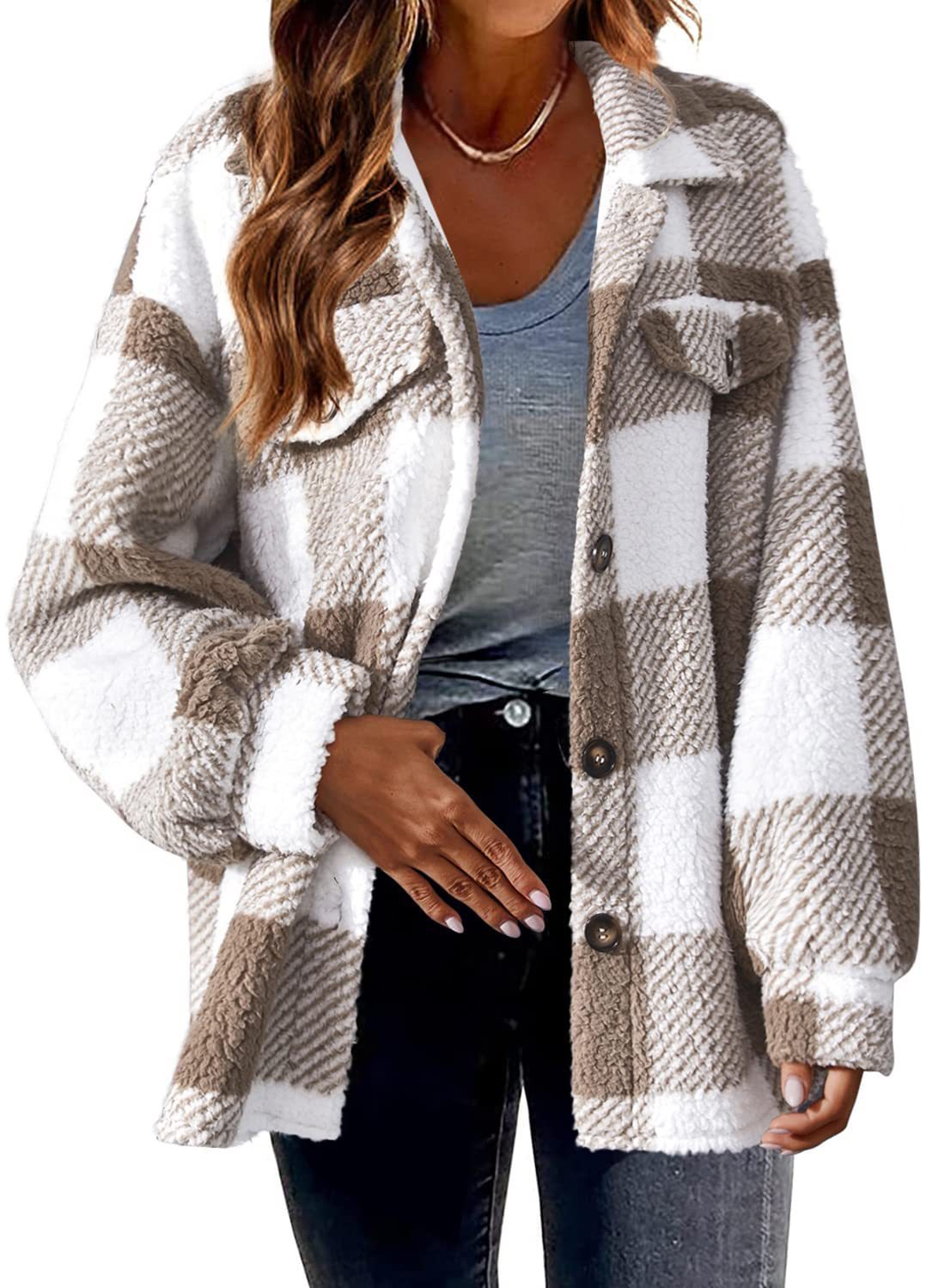 Plaid Woolen Jacket with Pockets for Women