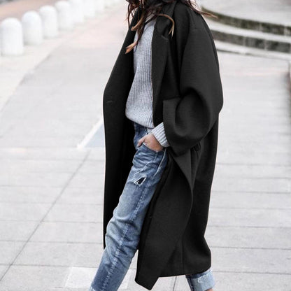 Casual Long Woolen Coat with Pockets for Women