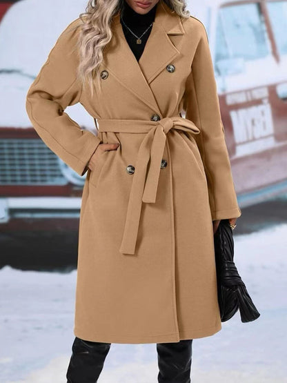 Lapel Double-Breasted Trench Coat with Belt for Women