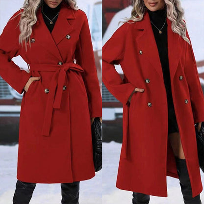 Lapel Double-Breasted Trench Coat with Belt for Women