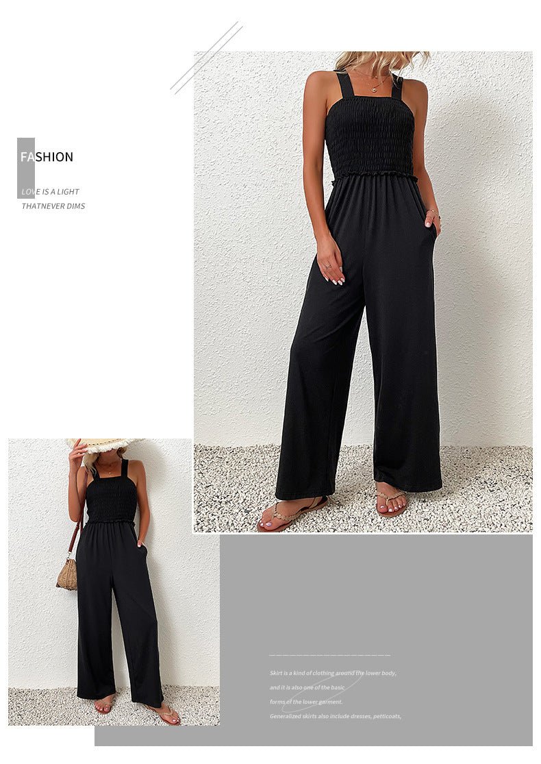 Ou Mei Tong Qin Feng Smocking Sling One-piece Wide-leg Pants