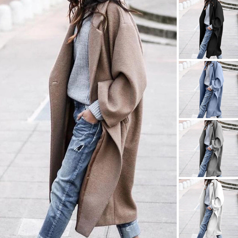 Casual Long Woolen Coat with Pockets for Women