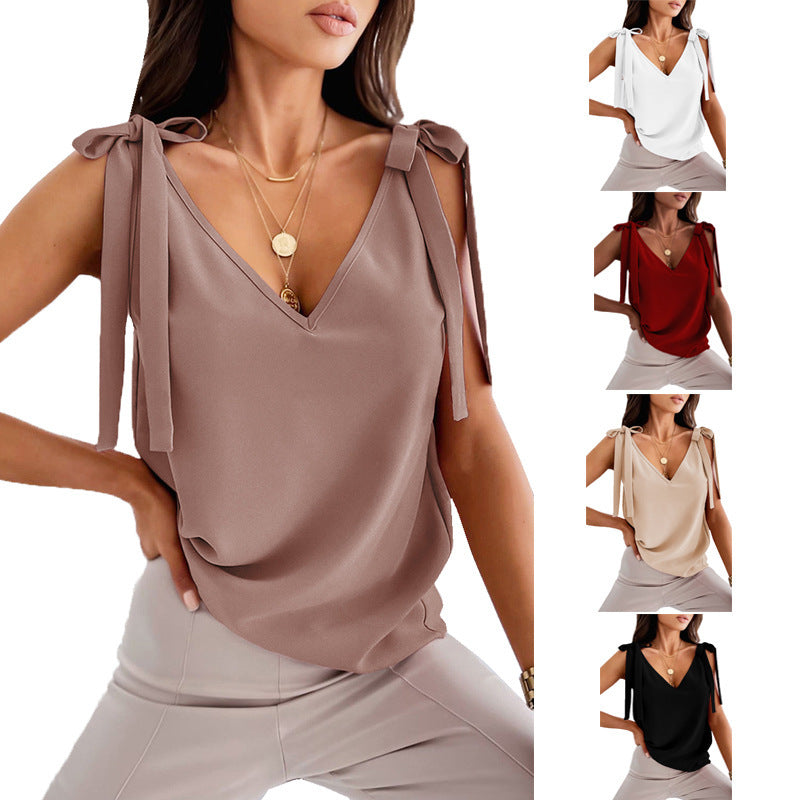 Bowknot Tie Up Camisole V-neck Shirts