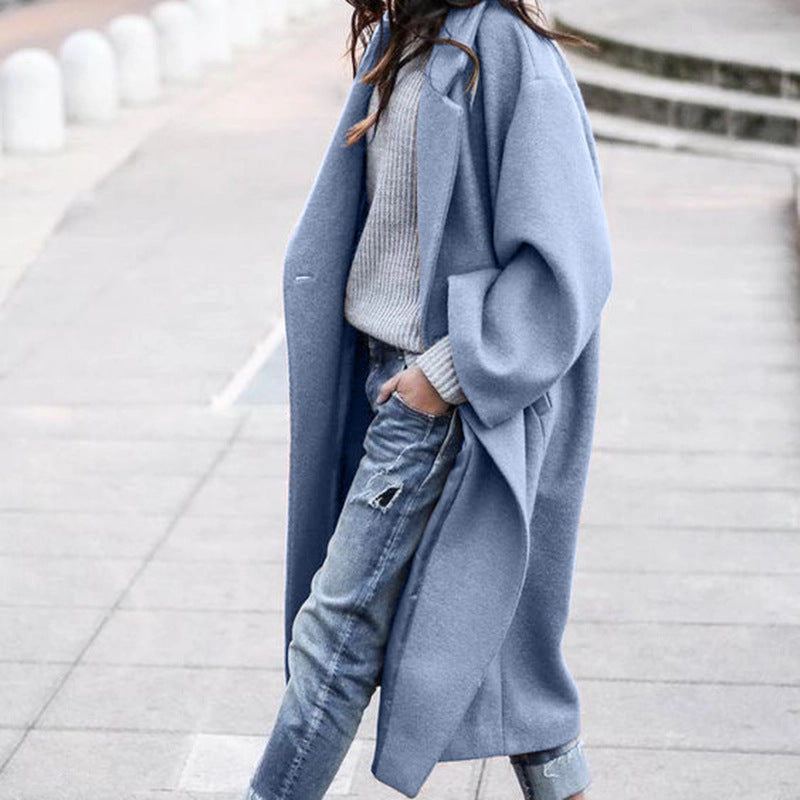 Casual Long Woolen Coat with Pockets for Women