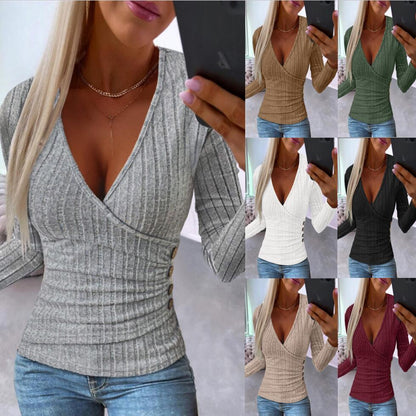 New Sunken Stripe Button Knitted Pullover V-neck Slim-fit