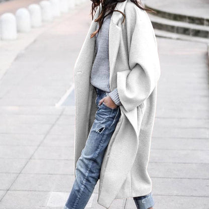 Casual Long Woolen Coat with Pockets for Women