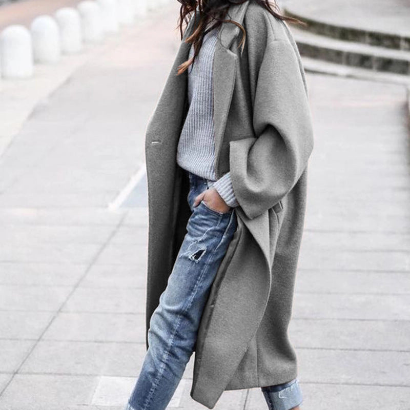 Casual Long Woolen Coat with Pockets for Women