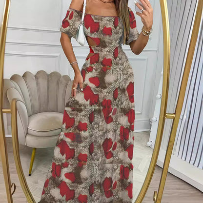 Printed One-line Collar Short-sleeved Long Dress With Hollow Waist