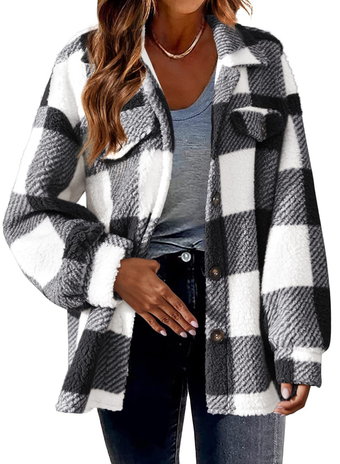 Plaid Woolen Jacket with Pockets for Women