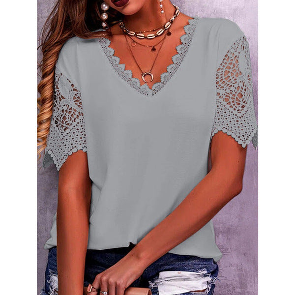 Lace Tops Women Summer Loose V Neck Short