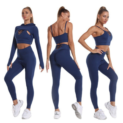 3pcs Sports Set – Hooded Top, Camisole & Butt Lifting Leggings