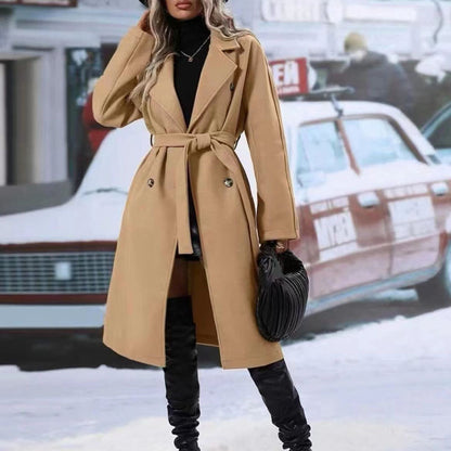 Lapel Double-Breasted Trench Coat with Belt for Women