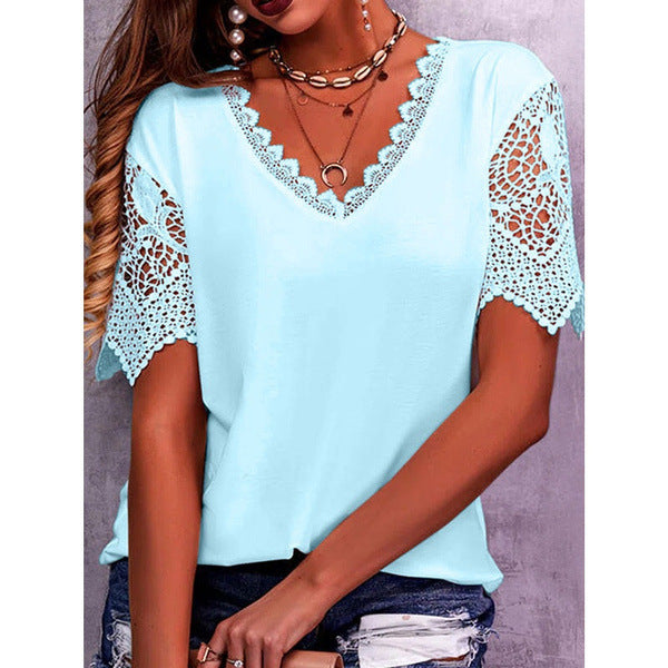 Lace Tops Women Summer Loose V Neck Short