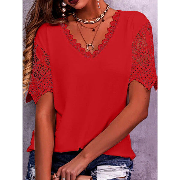 Lace Tops Women Summer Loose V Neck Short