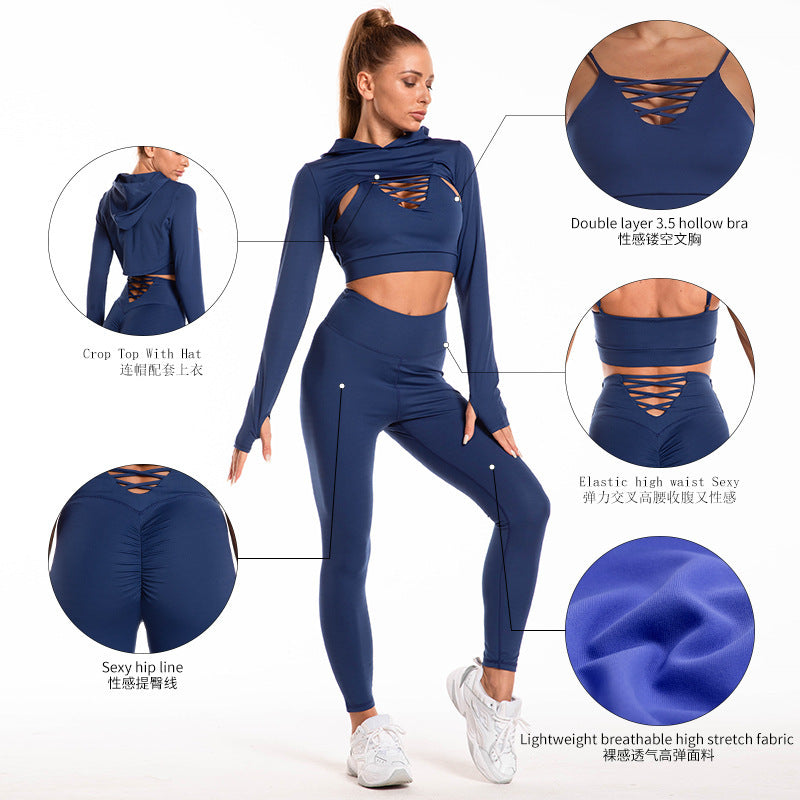 3pcs Sports Set – Hooded Top, Camisole & Butt Lifting Leggings