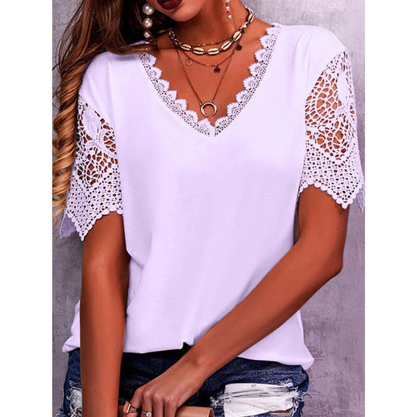 Lace Tops Women Summer Loose V Neck Short